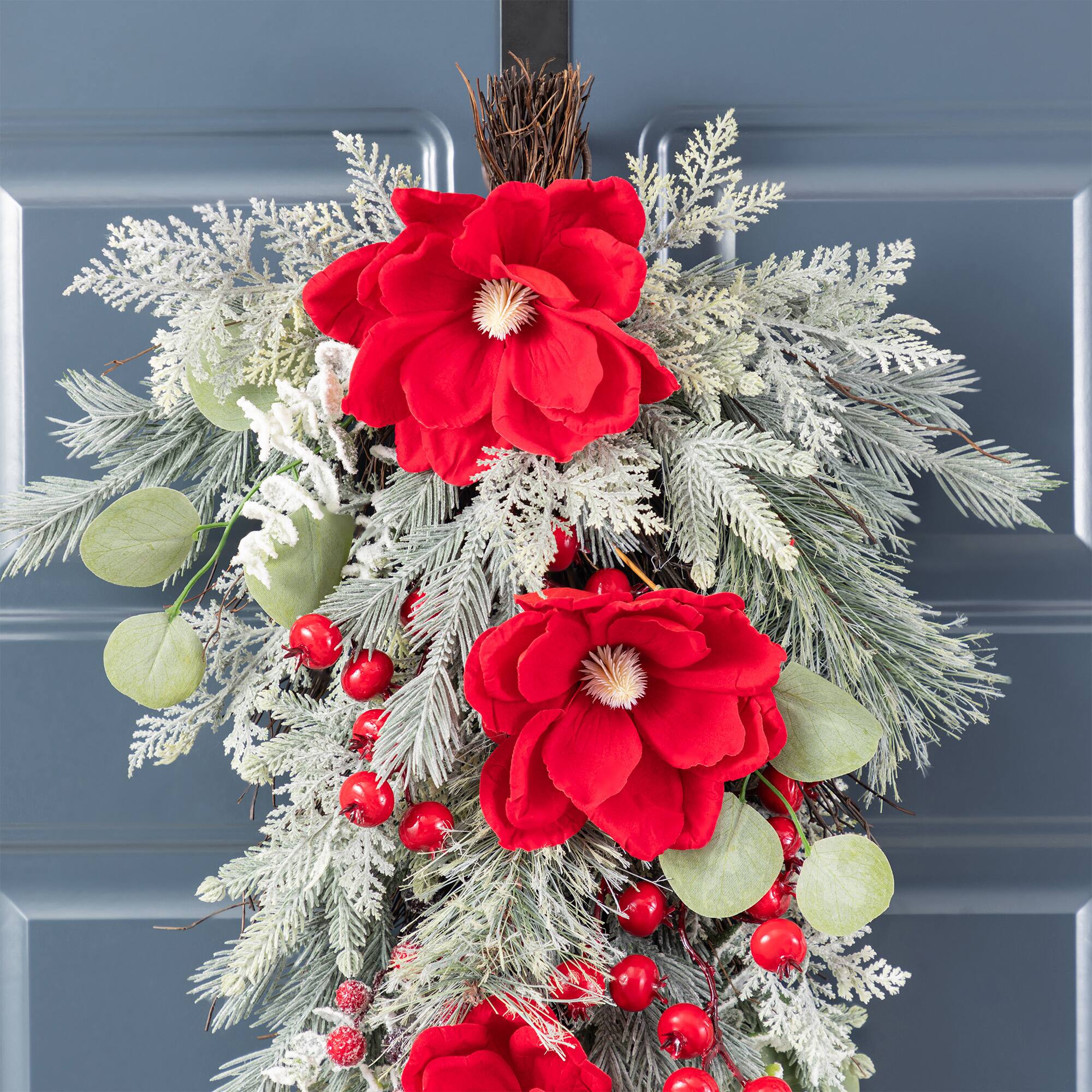 Glitzhome® 28"H Christmas Red Mangnolia & Berry Teardrop